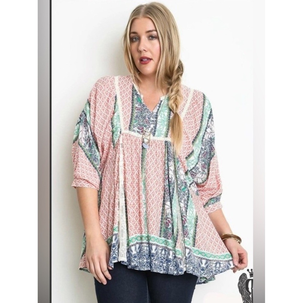 Umgee Boho Babydoll Tunic Top Mixed Print Floral Red Green Blue Large Lace Trim
